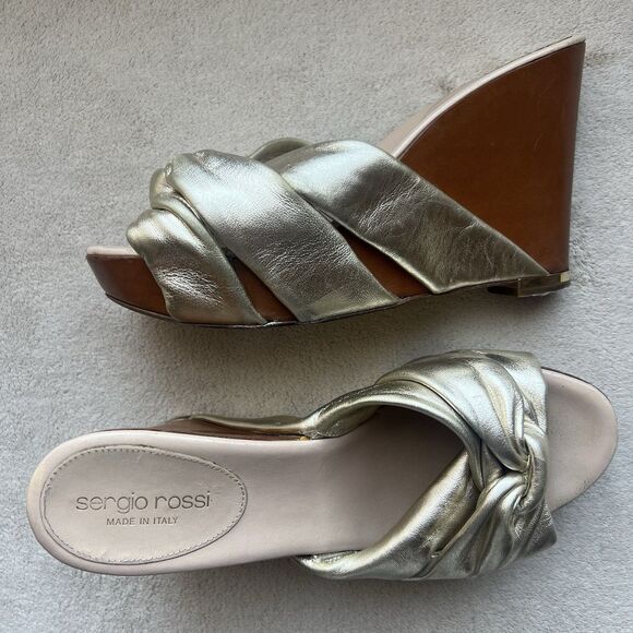 Sergio Rossi Metallic Gold Wood Wedge Heeled Sandal Women EU 37.5 US 7.5 Knotted - Picture 16 of 16